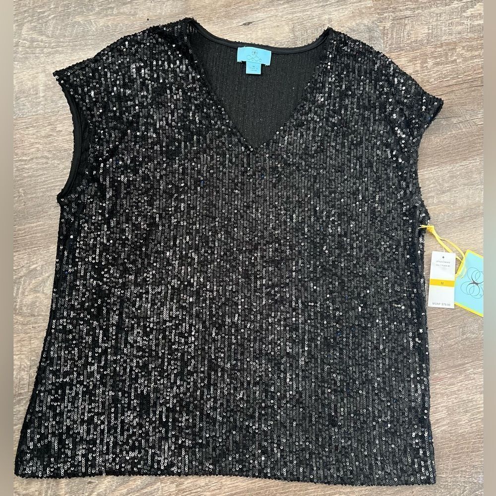 CeCe Sequined V-Neck Cap-Sleeve Black Blouse-Size Medium